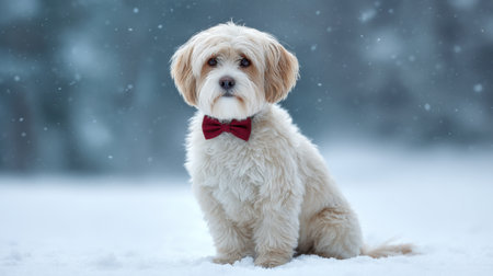 A charming small dog dressed in a red bow tie sits gracefully in a snowy landscape, surrounded by gentle snowflakes, radiating warmth and joy.の素材