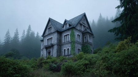 An abandoned Victorian house stands majestically surrounded by fog and lush greenery, set in a mysterious forest that evokes eerie emotions.の素材