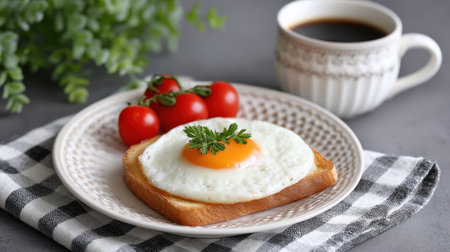 A cozy breakfast setting featuring a plate with a perfectly fried egg resting on toast, accompanied by fresh cherry tomatoes and a steaming cup of coffee.の素材