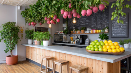 A bright and cozy cafe interior showcasing hanging fruits and lush greenery, creating a refreshing atmosphere perfect for enjoying beverages.の素材