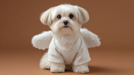 This charming small dog dressed in angel wings sits gracefully against a warm brown background, radiating innocence and joy, ideal for pet lovers.の素材