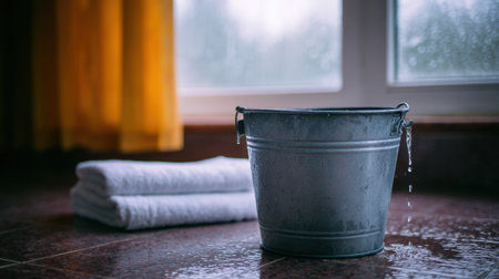 A metal bucket catches water droplets on a wet floor, accompanied by neatly folded towels, near a window showcasing a rainy view, creating a serene indoor setting.の素材