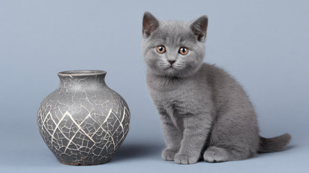 A charming grey kitten poses beside a beautifully crafted decorative pot, set against a soft blue backdrop, showcasing elegance and curiosity.の素材