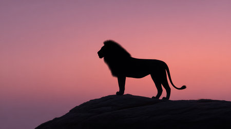 A stunning silhouette of a lion stands proudly on a rock, highlighted against a breathtaking sunset sky filled with soft pink and purple hues at dusk.の素材