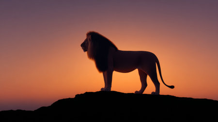 A stunning silhouette of a lion stands proudly atop a rock formation, framed by a vibrant sunset sky. The warm hues create a beautiful scene of nature.の素材