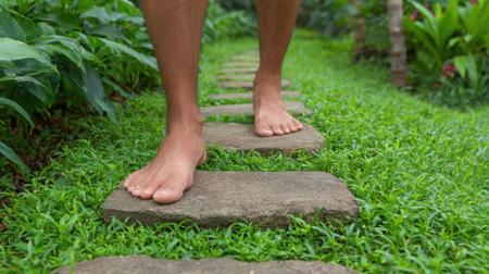 A person walks barefoot along a stone pathway in a vibrant garden setting, surrounded by lush green grass and colorful foliage, conveying peace and connection with nature.の素材