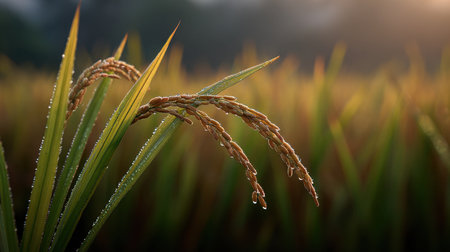 This stunning close-up captures dewy rice grains in a golden field during sunrise. The beautiful soft light highlights nature's tranquility and growth.の素材