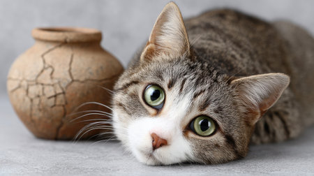This charming close-up of a domestic cat resting next to an antique pottery vase captures a serene moment, showcasing the cat's expressive eyes and soft fur.の素材