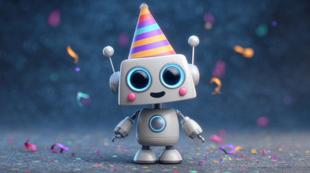 This adorable robot character dons a colorful party hat, surrounded by lively confetti. Perfect for conveying joy, celebration, and playful technology themes.の素材