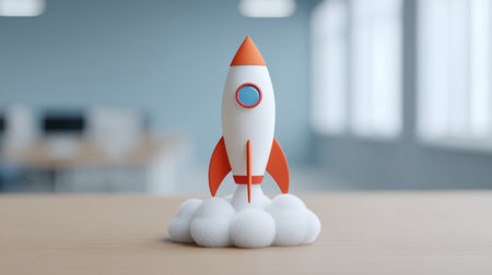 A playful rocket model rests on fluffy clouds in a bright office space, symbolizing creativity and innovation for business and educational themes.の素材