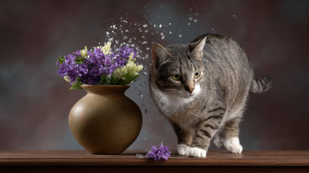 A charming grey cat curiously interacts with a vibrant arrangement of purple flowers in a decorative vase, set against a soft artistic background.の素材