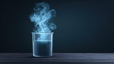 A serene image of a clear glass cup filled with water, featuring ethereal steam rising against a dark backdrop, creating a tranquil atmosphere.の素材