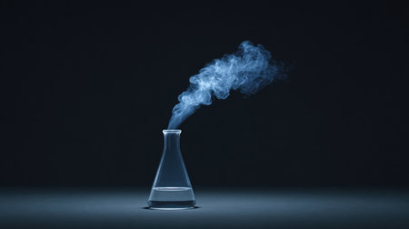 This captivating image features a glass laboratory flask emitting swirling smoke, capturing the essence of experimentation and scientific exploration.の素材