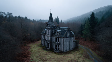 This captivating image showcases a hauntingly beautiful abandoned gothic mansion amidst a misty forest. Its weathered exterior, intricate architecture, and surrounding nature create an eerie yet enchanting atmosphere, perfect for evoking mystery and exploring themes of decay, history, and isolation.の素材
