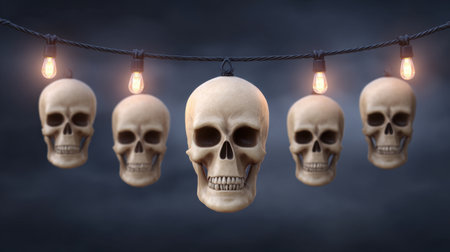 This captivating image captures skull decorations illuminated by hanging lights, creating a spooky atmosphere perfect for Halloween parties or themed events.の素材