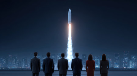 A powerful image capturing the launch of a space rocket illuminating the night sky, with several business professionals watching from a city backdrop.の素材