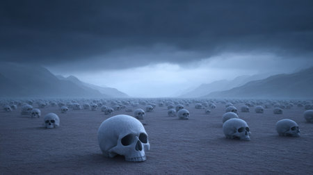 This haunting image depicts a vast and desolate landscape scattered with skulls, set against a dark and foreboding sky, evoking feelings of eerie emptiness.の素材