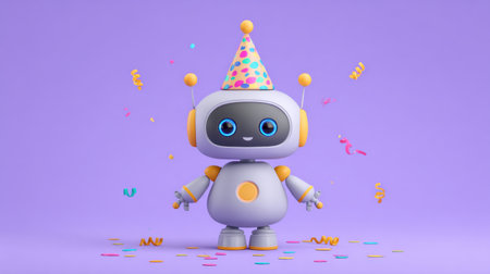 This playful robot character, adorned with a festive party hat, brings joy and whimsy to any celebration with its bright colors and cheerful expression.の素材