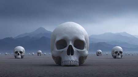 A striking surreal scene depicting large human skulls set against a dramatic landscape with mountains and a cloudy sky, evoking themes of death and mystery.の素材