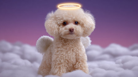 This adorable fluffy dog with angel wings and a halo is set against a dreamy cloud background, radiating a sense of peace and joy.の素材
