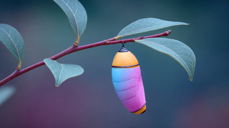 A stunning close-up of a colorful chrysalis hanging from a branch, surrounded by vibrant green leaves, showcasing nature's beauty and transformation.の素材