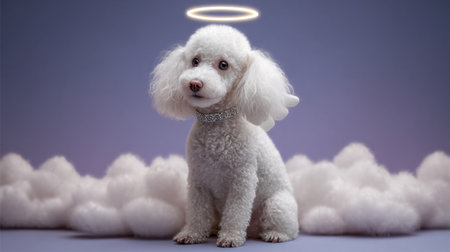 A charming white dog adorned with an angel halo and wings sits gracefully on soft clouds, creating a serene and delightful atmosphere. Perfect for pet lovers.の素材