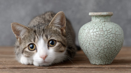 A curious domestic cat rests beside a vintage crackled vase on a rustic wooden surface, capturing a moment of tranquility and charm in a cozy setting.の素材