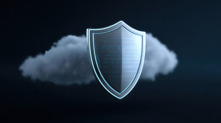 This image features a digital shield symbolizing cybersecurity over a soft cloud backdrop, highlighting the concepts of data protection and digital safety.の素材
