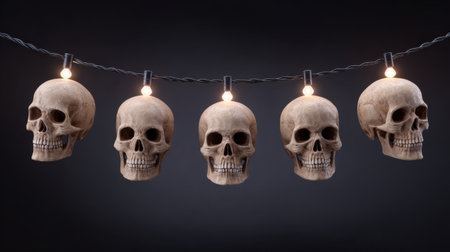 This captivating image features a string of skull ornaments illuminated by warm lights, perfect for enhancing any Halloween celebration or spooky event atmosphere.の素材