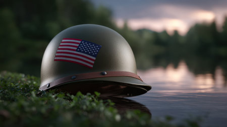 This image showcases a U.S. military helmet floating in serene water, adorned with an American flag emblem. It captures themes of valor and sacrifice.の素材