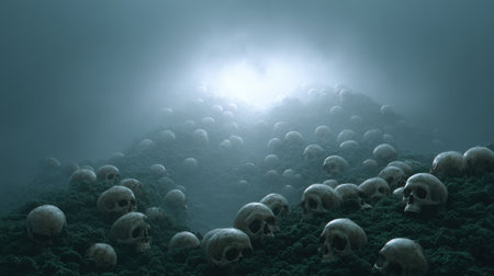 An eerie landscape filled with countless skulls surrounded by dense fog and an ethereal light illuminating the background, creating a haunting scene.の素材