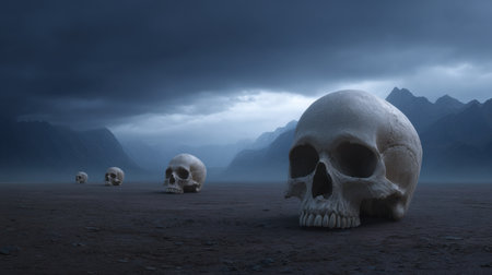 A haunting and surreal landscape featuring human skulls set against dark clouds and towering mountains, evoking themes of death, solitude, and mystery.の素材