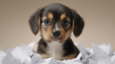 This charming puppy captures hearts with its expressive eyes, nestled among crumpled paper, evoking feelings of joy and playfulness. Ideal for pet lovers!の素材