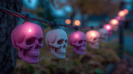 This image features vibrant Halloween-themed string lights adorned with colorful skulls, perfect for creating a festive and spooky ambiance during autumn celebrations.の素材