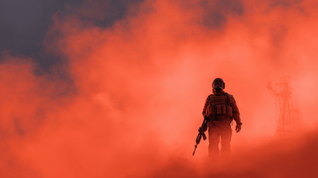 A solitary soldier stands amid thick orange smoke, creating a striking contrast against a dramatic backdrop, evoking feelings of tension and courage.の素材