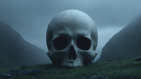 A haunting skull rests on the lush green ground, surrounded by misty mountains and a rainy ambiance, evoking a sense of mystery and solitude.の素材