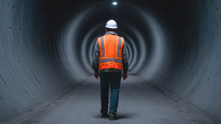 A construction worker wearing a hard hat and safety vest walks alone through a dimly lit industrial tunnel, showcasing solitude and determination in exploration.の素材