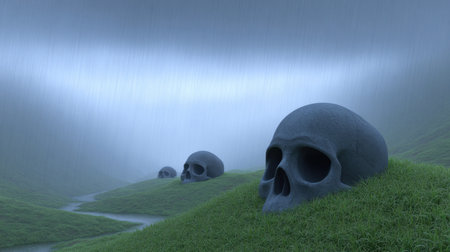 A surreal landscape featuring dark skulls on lush green hills, enveloped in mist and rain. The scene evokes mystery and melancholy, ideal for artistic themes.の素材