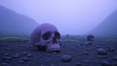 A striking and surreal composition featuring purple skulls resting on a rocky terrain in a misty landscape. The ambiance evokes mystery and intrigue.の素材