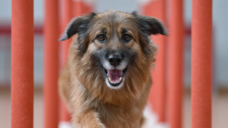 A cheerful dog showcases its agility skills while navigating through colorful obstacles in an indoor training facility, embodying joy and enthusiasm.の素材