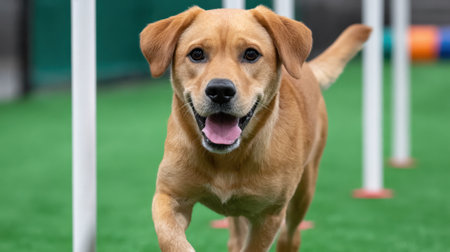 A cheerful golden retriever runs through an agility course, showcasing its energy and joy. This image captures the essence of pet training and playful activity in an outdoor environment.の素材