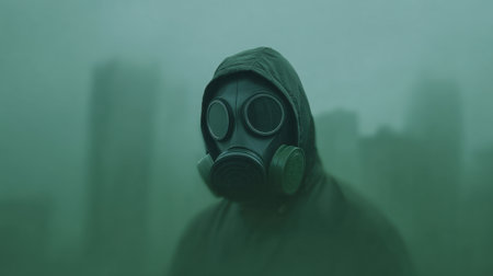 A haunting figure wearing a gas mask stands in a fog-drenched urban environment, evoking feelings of dread and intrigue in a post-apocalyptic setting.の素材