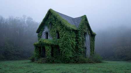 An eerie abandoned house, cloaked in lush green ivy, stands silently in a misty forest, evoking feelings of nostalgia and tranquility amidst nature's embrace.の素材