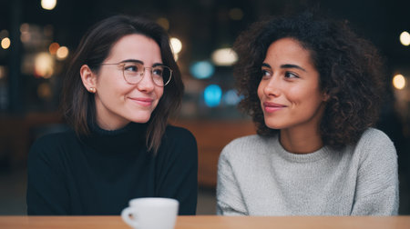 Two young women share a joyful moment in a cozy cafe, smiling and engaging in conversation, capturing the essence of friendship and connection.の素材