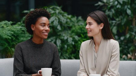 Two women share a joyful conversation over coffee in a modern indoor space filled with lush plants, showcasing friendship and connection in a relaxed environment.の素材