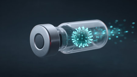 This stock image features a futuristic vaccine vial displaying a virus illustration with glowing effects against a dark background, symbolizing modern health solutions.の素材