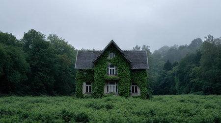 An abandoned house enveloped in thick ivy stands in a serene, green landscape on a foggy day, evoking a sense of mystery and solitude in nature.の素材