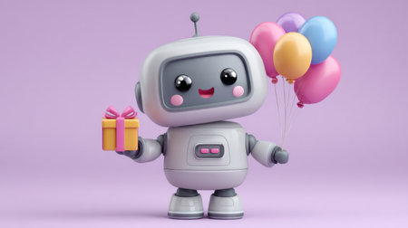 This charming cartoon robot character stands joyfully with colorful balloons and a gift, perfect for celebrations, parties, and joyful events.の素材