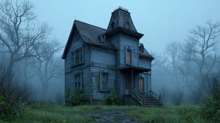 A haunting image of an eerie abandoned house enveloped in fog, surrounded by barren trees and overgrown vegetation in a desolate landscape at dusk.の素材