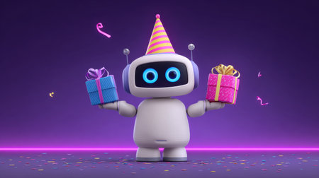 A charming robot character wearing a festive party hat holds colorful gifts, set against a vibrant background. Perfect for celebration themes.の素材